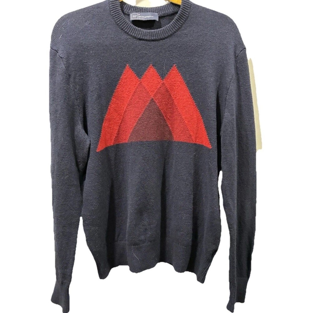 VINTAGE Y2K GAP Sweater Mens Medium  Blue Graphic Pullover Lambswool Knit Cozy